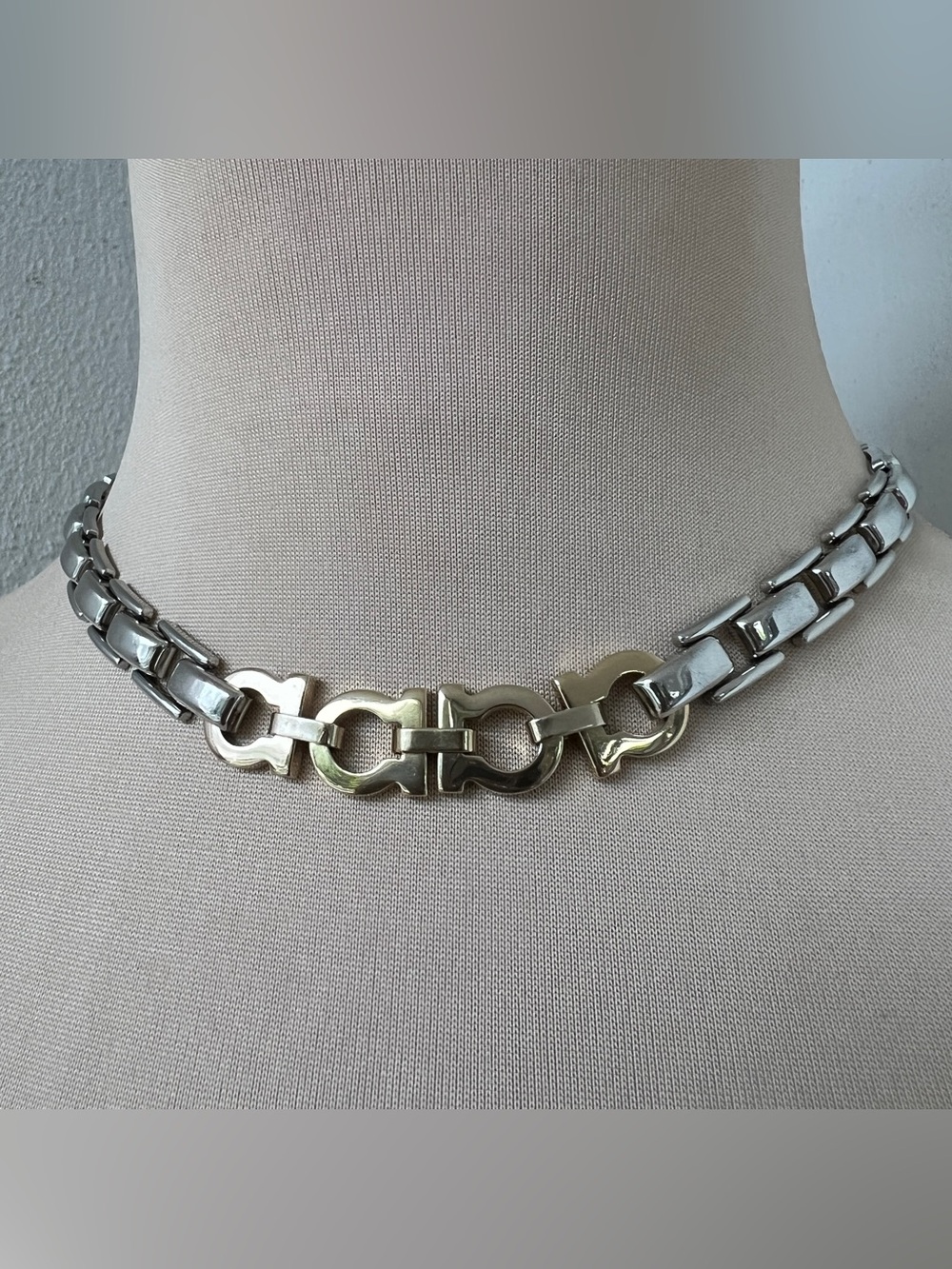 Custom Ferragamo two-tone vintage Gancini chain choker necklace 15”